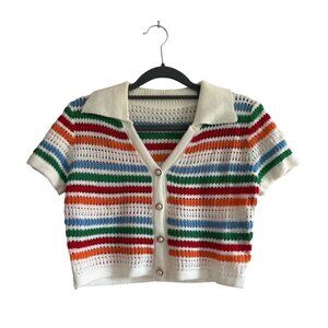 Striped Short-Sleeve Cropped Cardigan Pearl Buttons Small